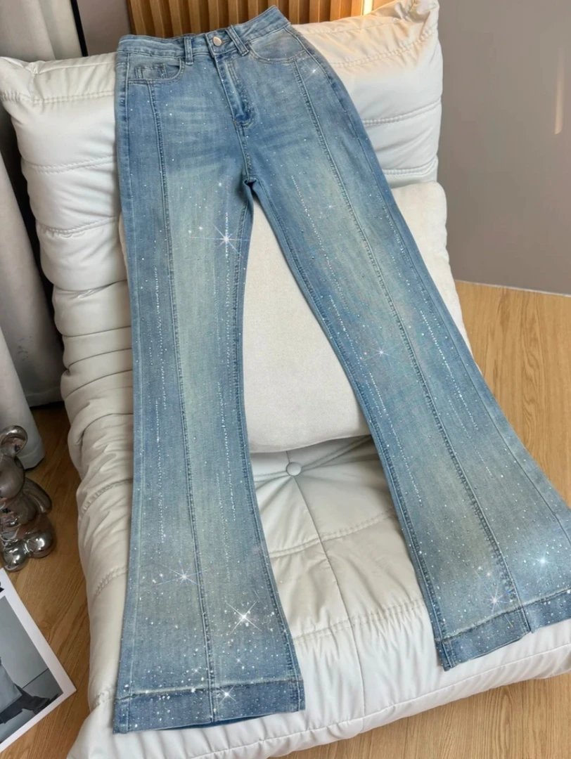 夏季新款湖水蓝弹力高腰阔腿微喇叭裤爆款烫钻显高一字牛仔裤女孩