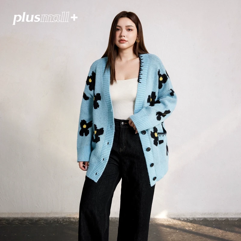 PLUSMALL 鸢尾花信 混纺春季新款花朵提花毛织开衫外套PAC2412094