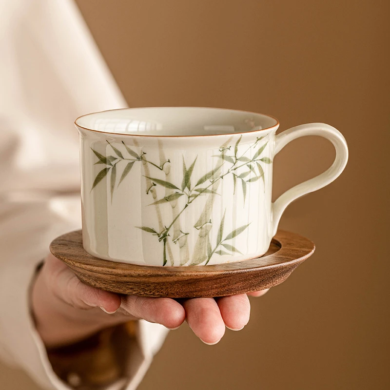 新中式手绘文竹咖啡杯精致陶瓷马克杯下午茶杯水杯办公家用拿铁杯