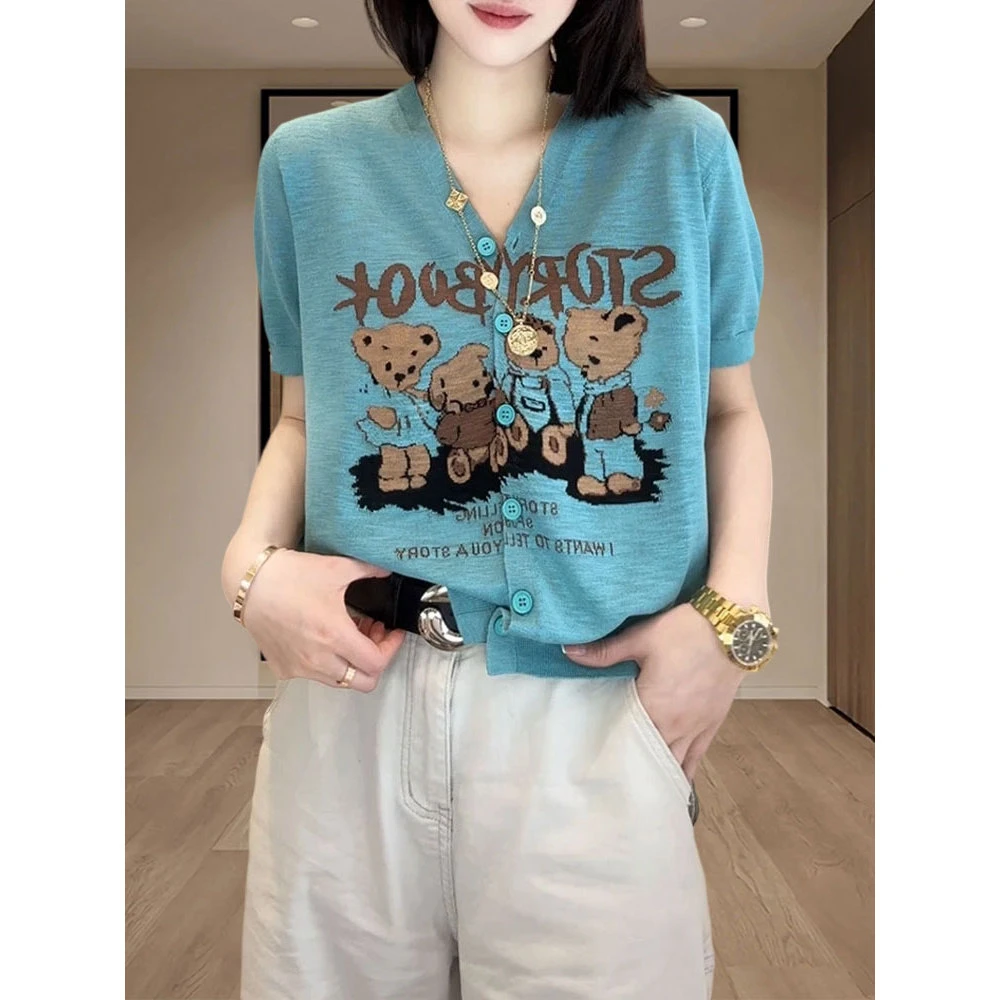 2025年夏季新款字母印花薄款针织短袖女生时尚休闲卡通风开衫上衣