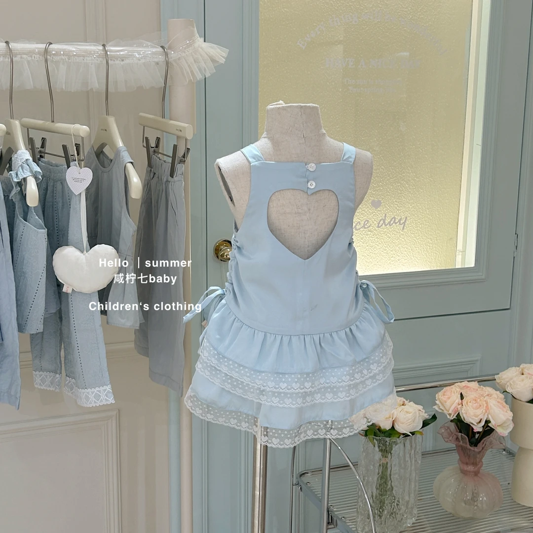 【咸柠七】女童连衣裙夏季新款儿童爱心露背蕾丝花边吊带裙公主裙