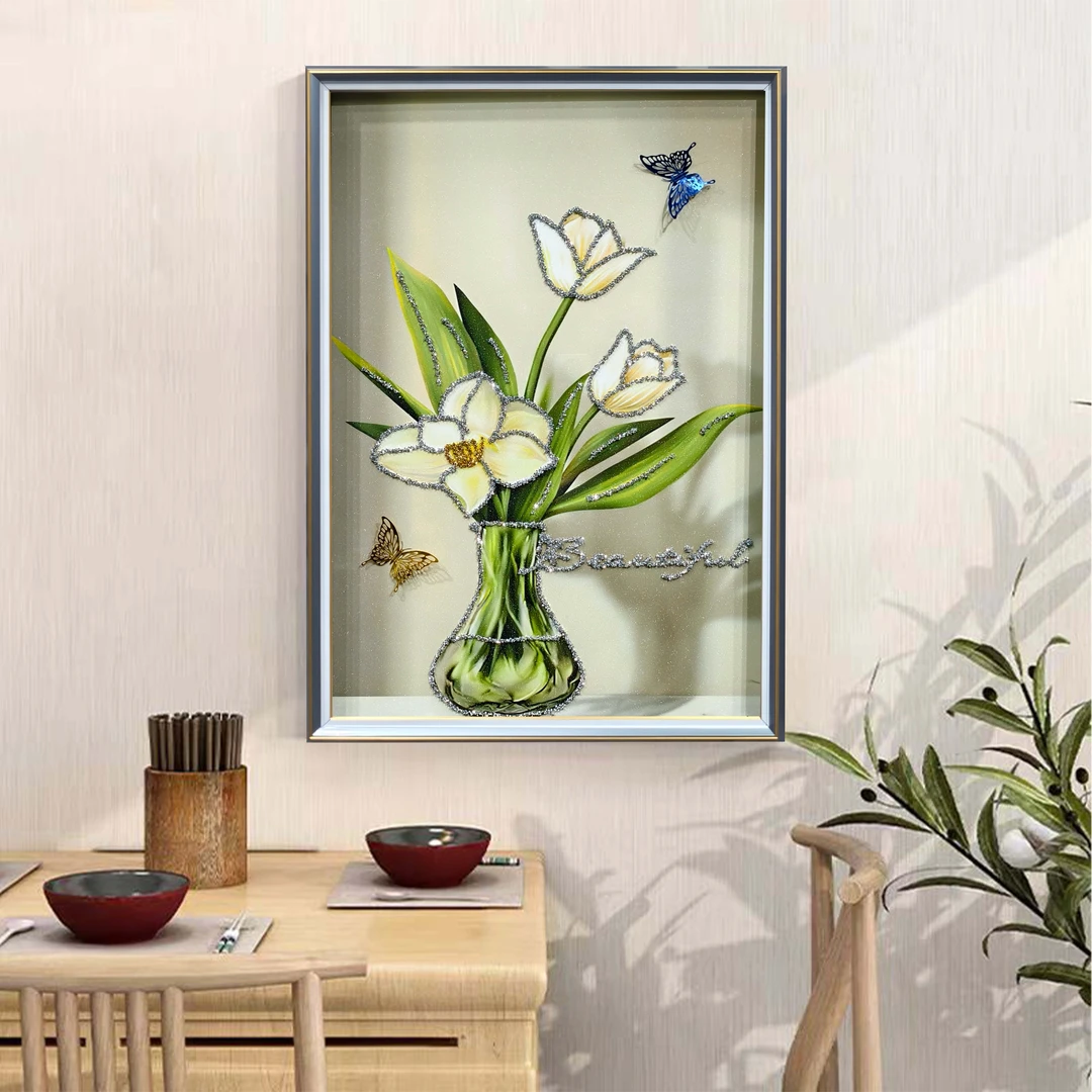 D68郁金香手工钢化玻璃装裱高端餐厅客厅玄关过道卧室挂画40*60
