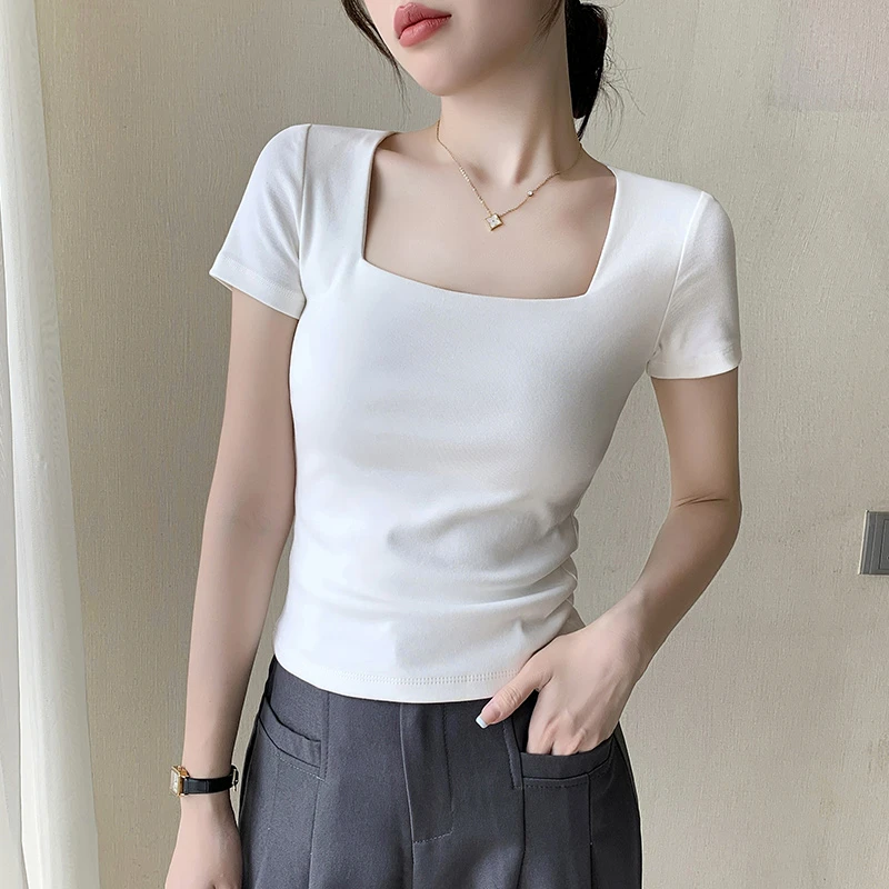 白色方领短袖t恤女短款夏季新款大领口露锁骨修身打底百搭上衣潮t