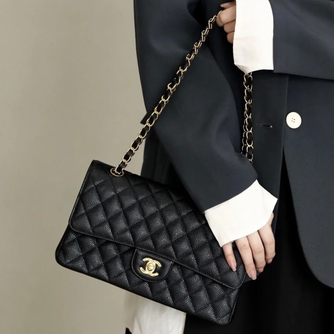 95新 Chanel/香奈儿 荔枝牛皮 双C 金扣 双链条 jumbo 斜挎包
