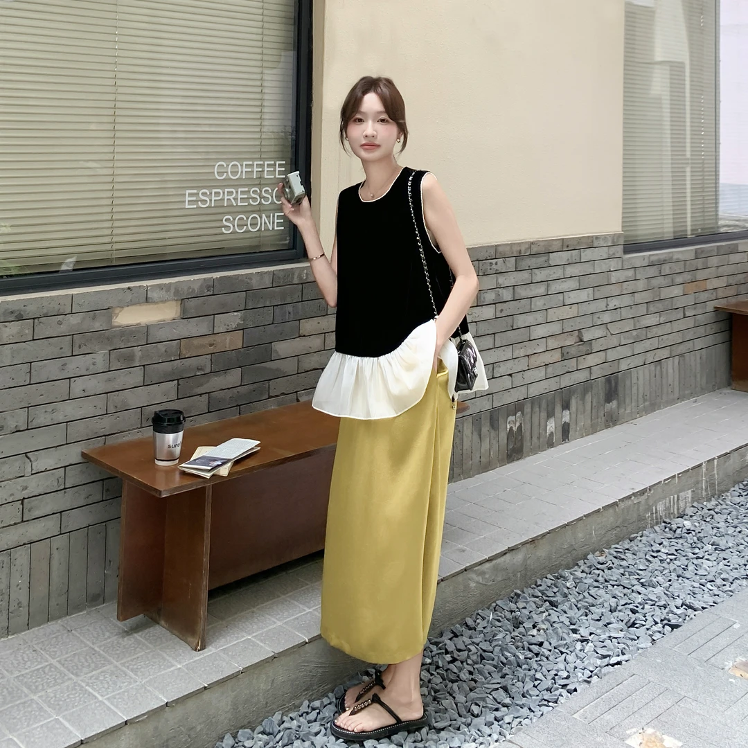 法式设计感拼接套装裙女夏新款时尚遮肉显瘦上衣黄色半身裙两件套