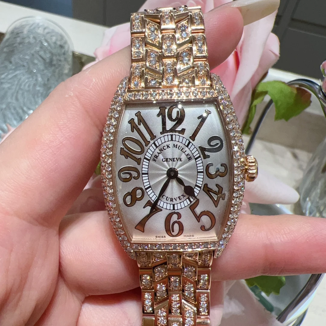 99新 Franck Muller/法兰克穆勒 全金酒桶原钻玫瑰金石英29*39盘