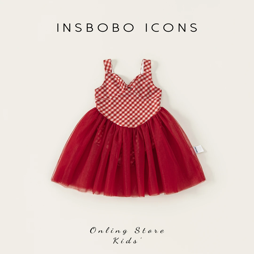 INSbobo女童格子泳衣夏季甜美格纹蝴蝶结拼接网纱连体泳衣XY25415