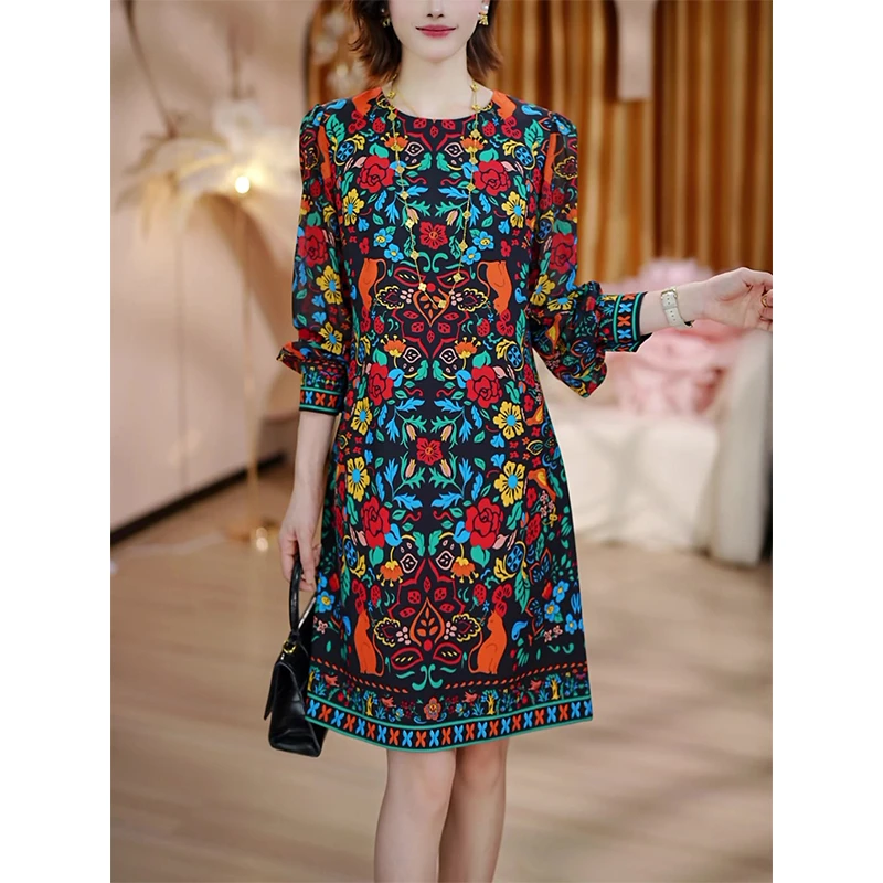 早秋新款波西米亚时尚印花气质收腰休闲减龄显瘦长袖连衣裙女77