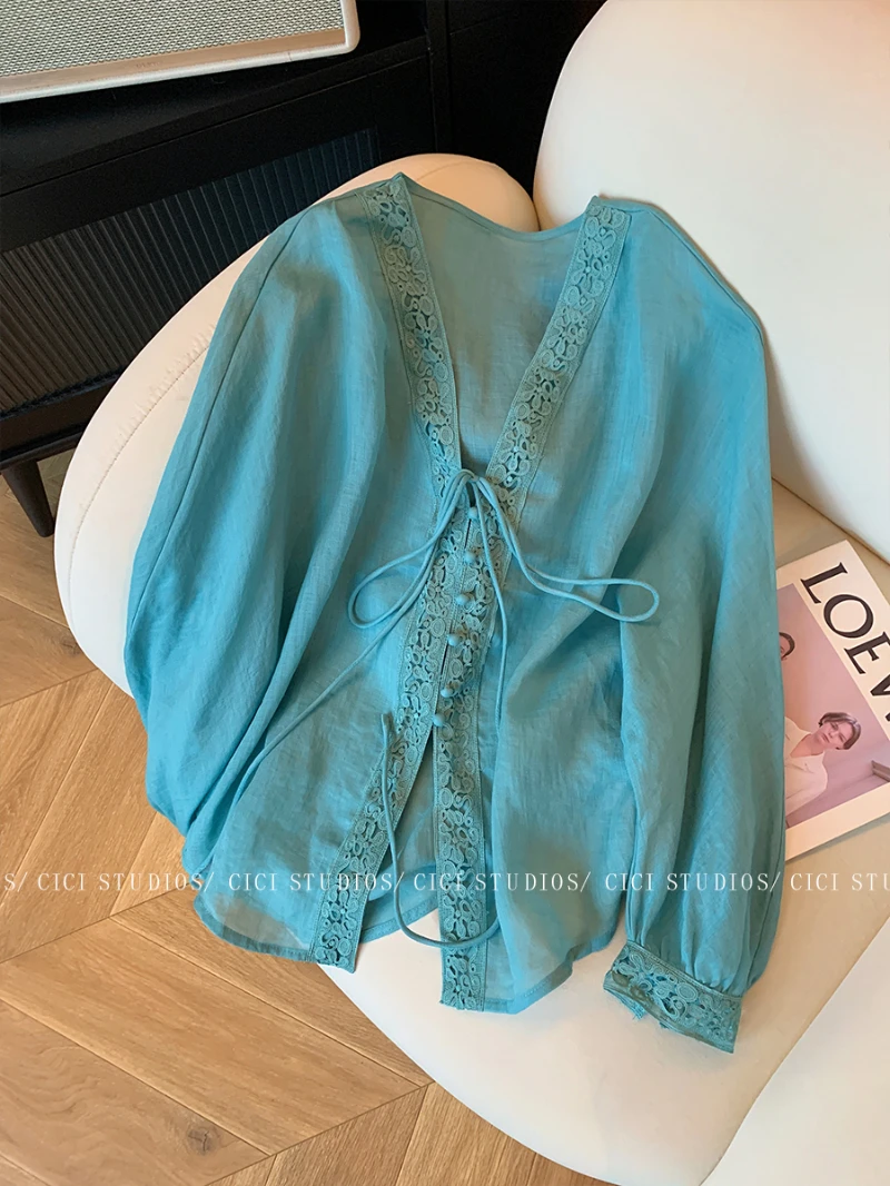 高级感纯色长袖2025早秋新款百搭上衣女气质休闲镂空显瘦衬衫通勤