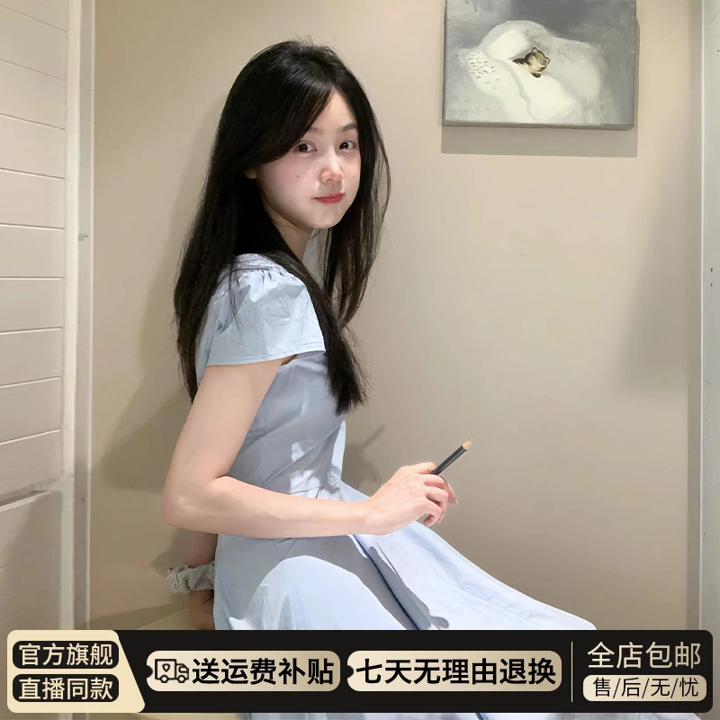 法式温柔风蓝色连衣裙子女夏季2025新款气质小个子设计感a字长裙