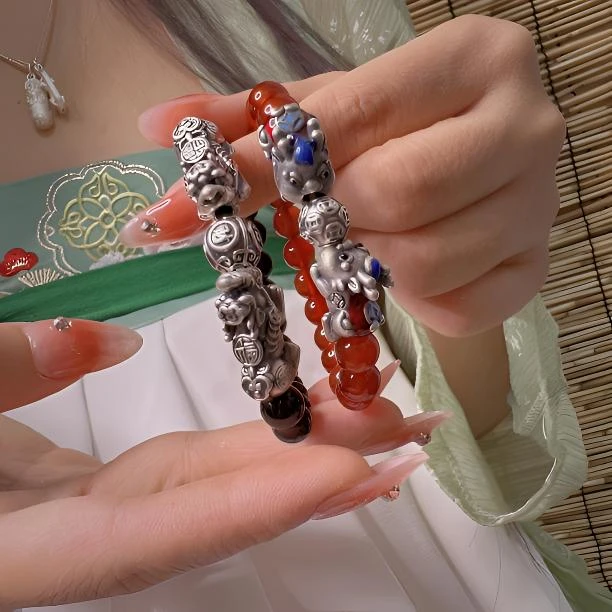 足银银制品 足银国潮风貔貅手编手链款轻奢时尚送男女友礼物情侣