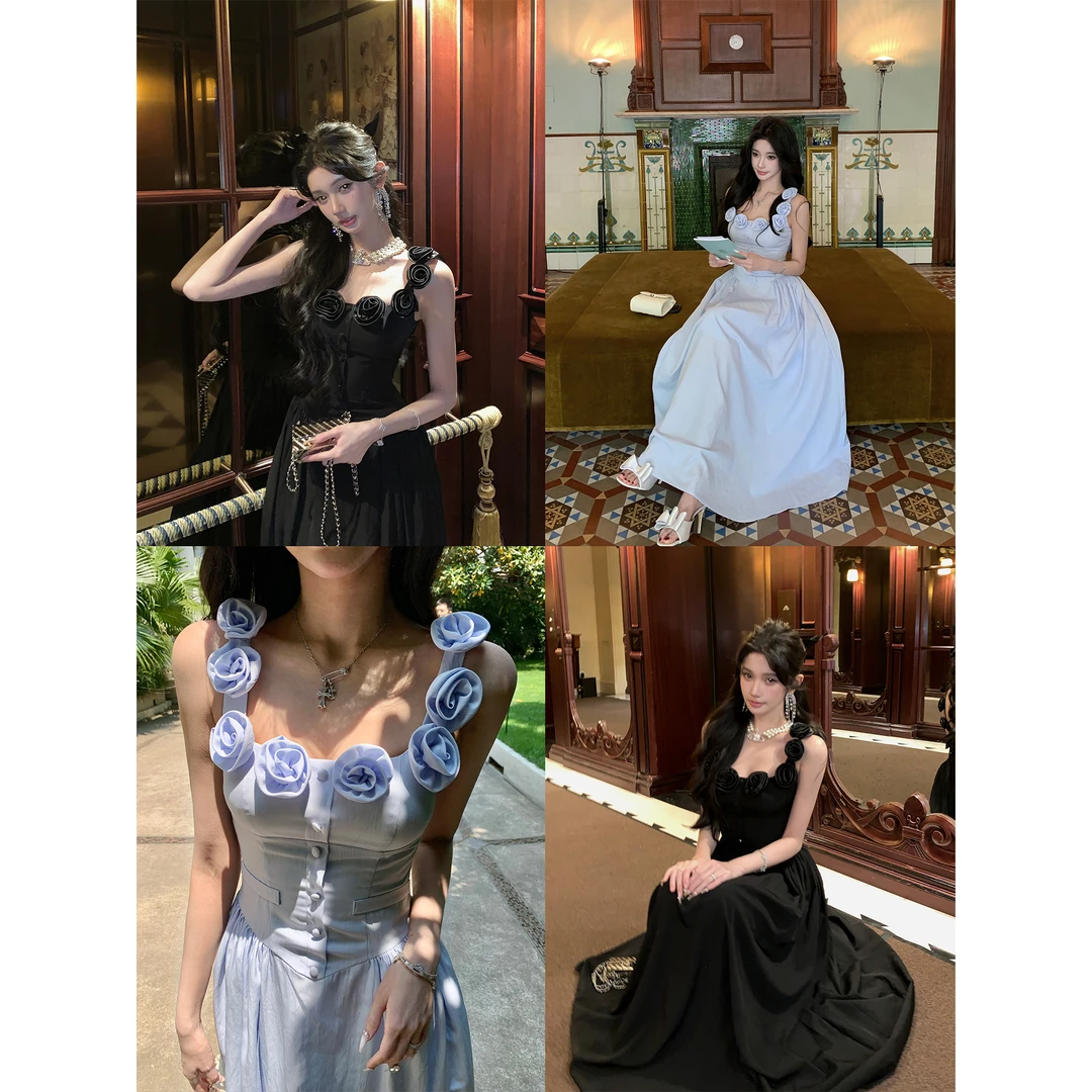 Barb Chill【盛夏花季】 花朵方领连衣裙夏日宴会优雅公主吊带长裙