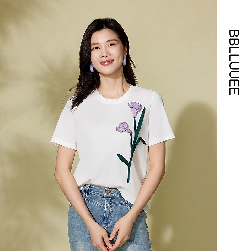 【清波老师专享】【鸢梦蝶】粉蓝衣橱25法式全手工立体花短袖T恤女