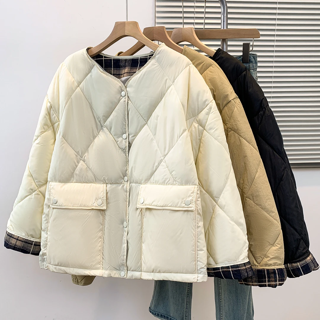 2025秋冬新款拼接格子袖口休闲棉衣女双口袋耐磨保暖长袖棉服外套