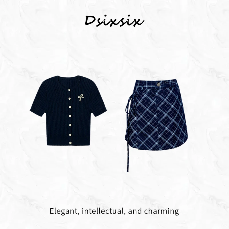 Yeah Me-【京都物语】夏季韩系学院风复古气质格纹高腰半身裙套装女