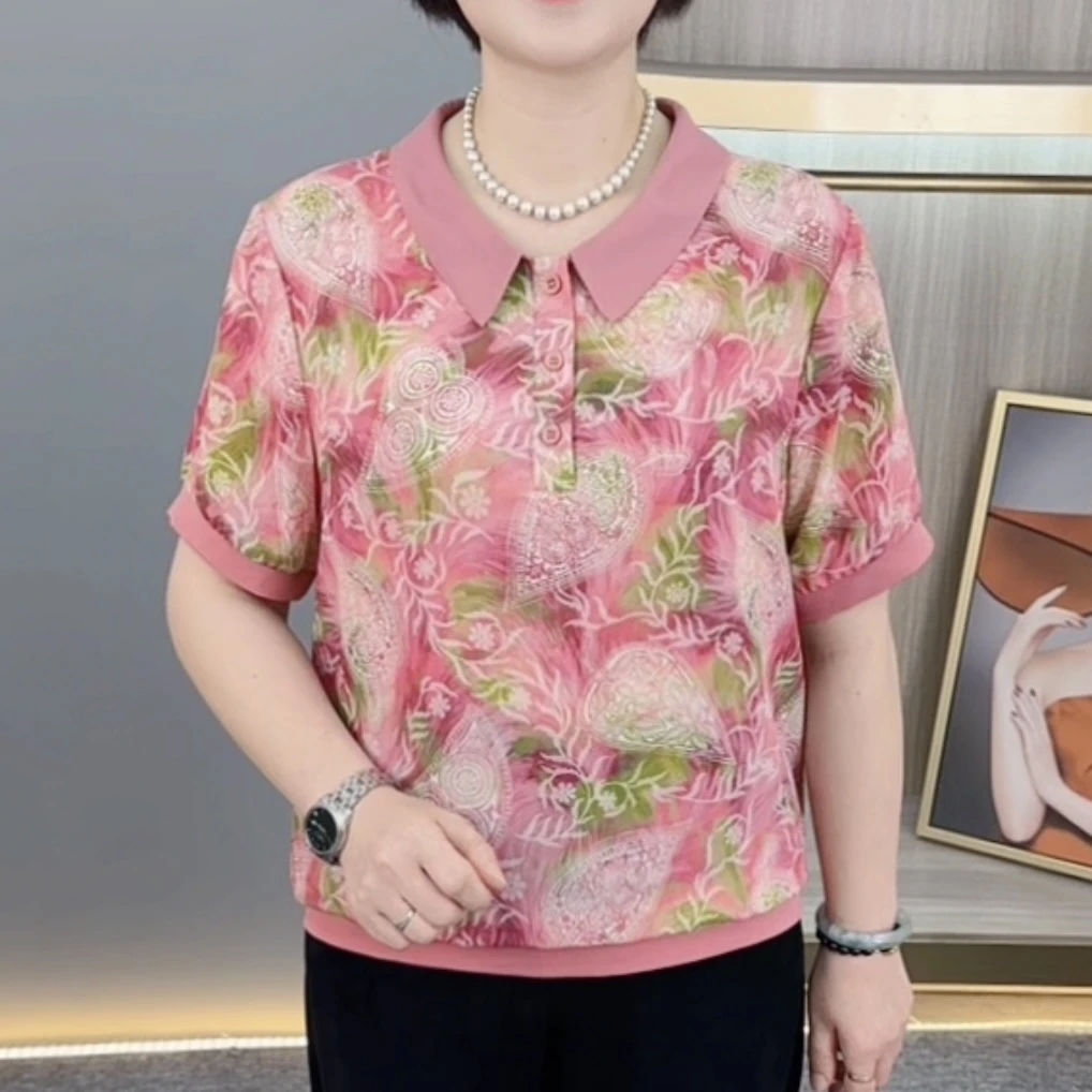 夏季新款时尚翻领薄款洋气妈妈装宽松显瘦休闲百搭短袖上衣H599