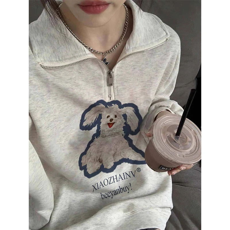 小众设计感半拉链Polo领卫衣女秋冬季慵懒风加绒加厚宽松外套上衣