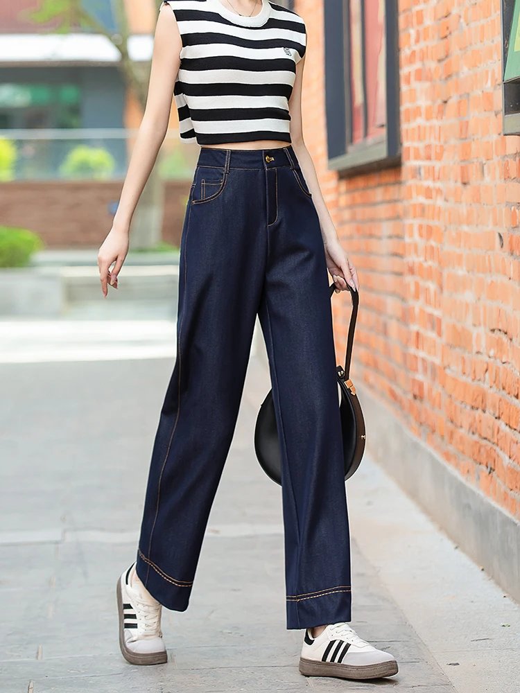 新款丹宁蓝窄版阔腿显瘦修身直筒裤子女高腰宽松气质爆款牛仔裤子