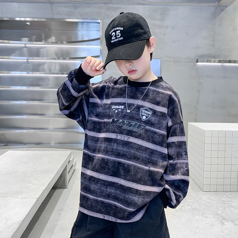 男童春秋酷帅条纹宽松卫衣2025新款中大儿童男孩秋季帅气T恤上衣