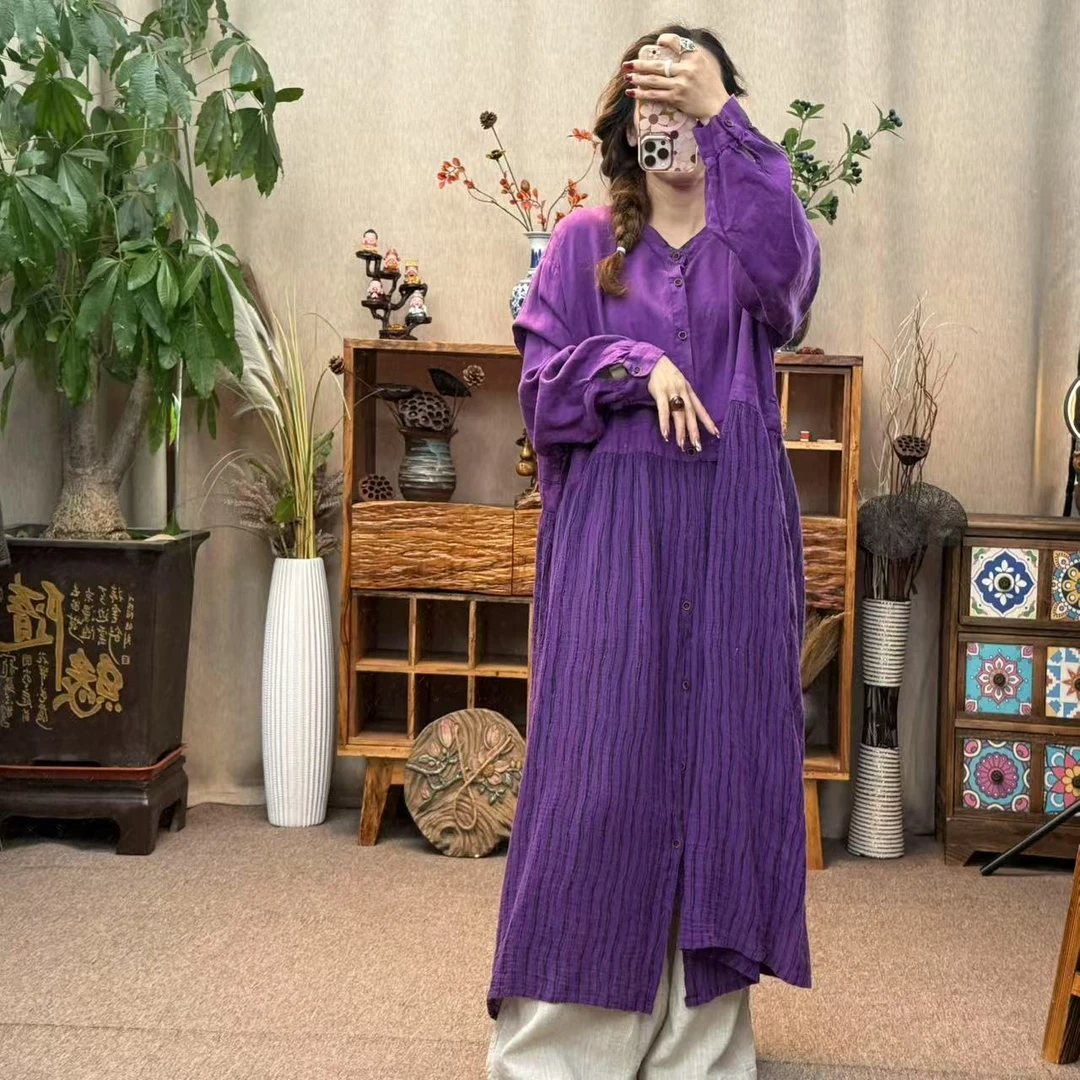 花璟与麻原创设计炒色做旧色织条纹拼接袍裙（衣长115胸围135）