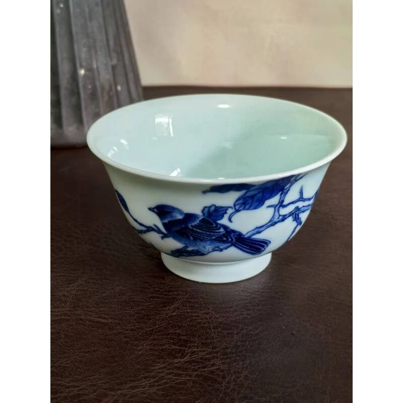 景德镇釉下彩青花手工手绘压手杯翠鸟100ml