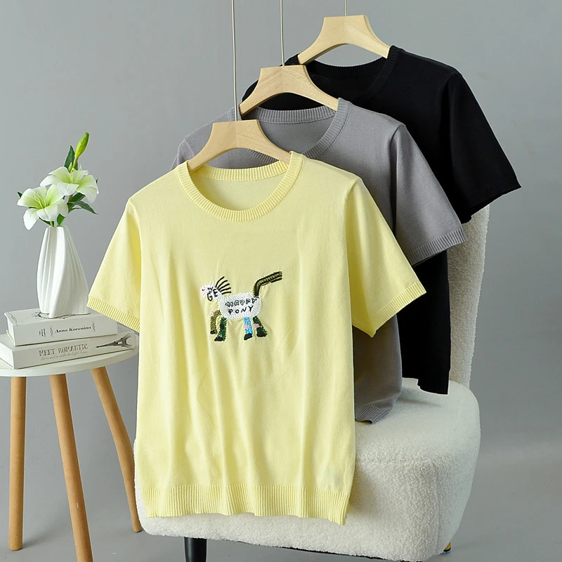 短袖刺绣慵懒风卡通动漫毛针织衫女装显瘦韩版家居服