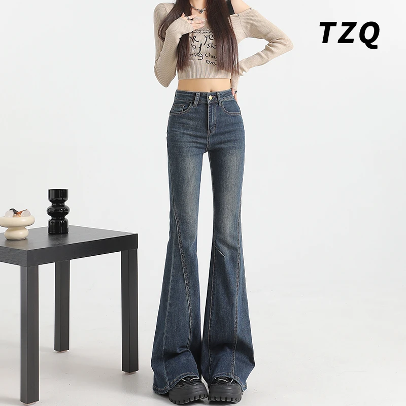 2025夏季复古高腰微喇牛仔裤女小个子显瘦拖地喇叭裤子TZQ111813