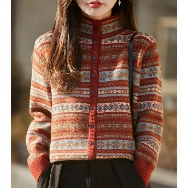 【复古名族花海-红色】冬季新款减龄百搭针织开衫显瘦显白a108