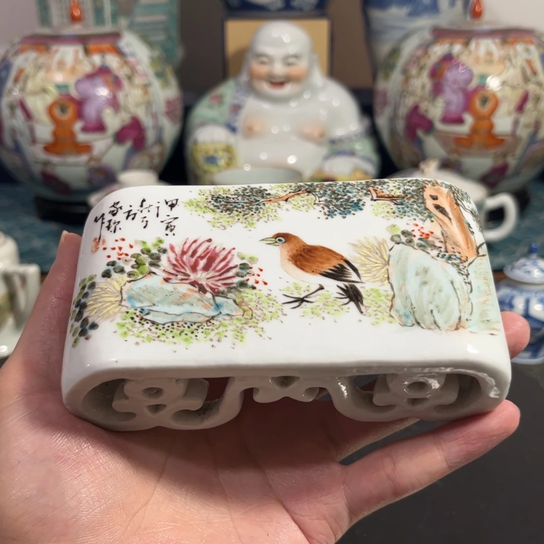 文房浅降彩花鸟笔搁