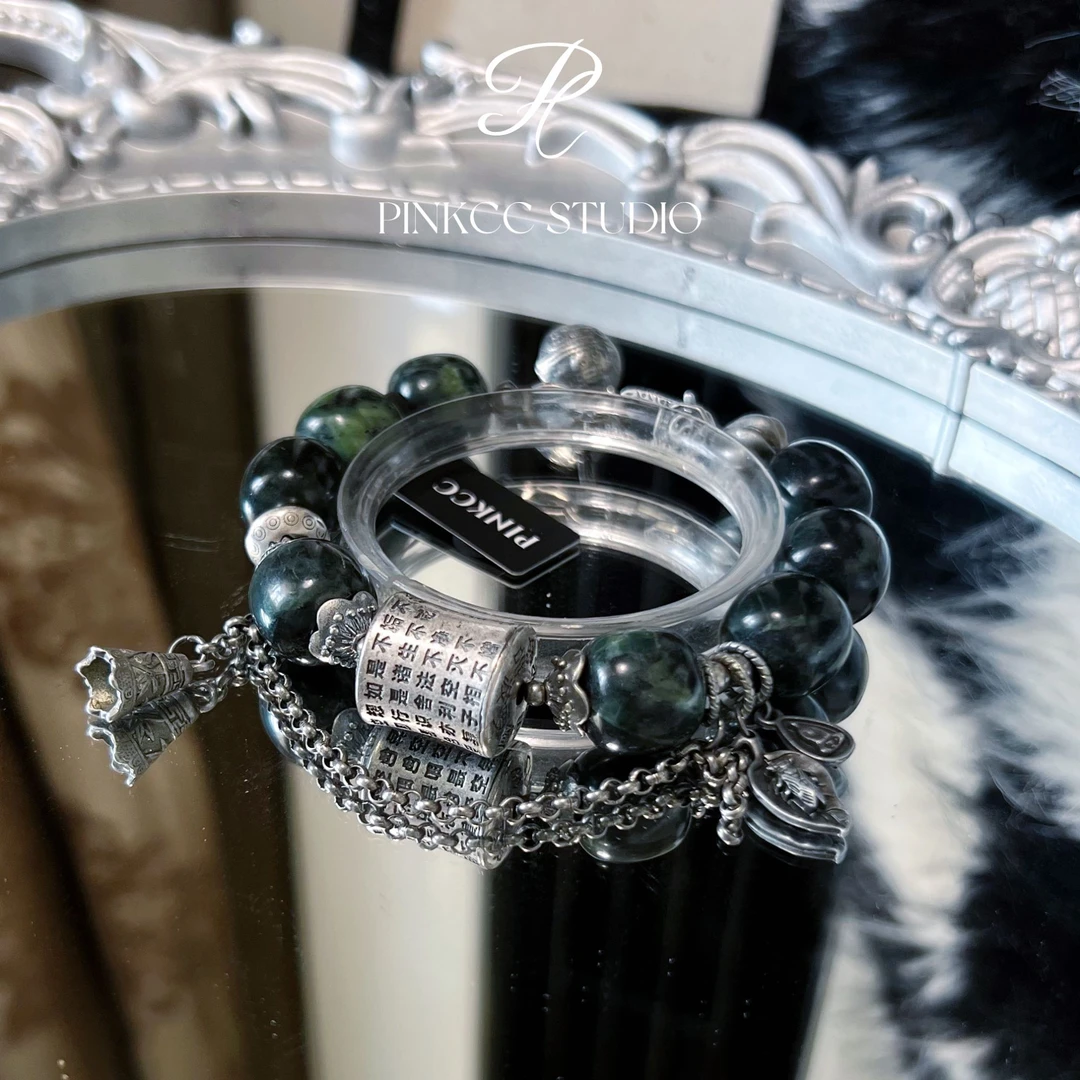 PINKCC天然蛇纹石玉老型珠手串/手链