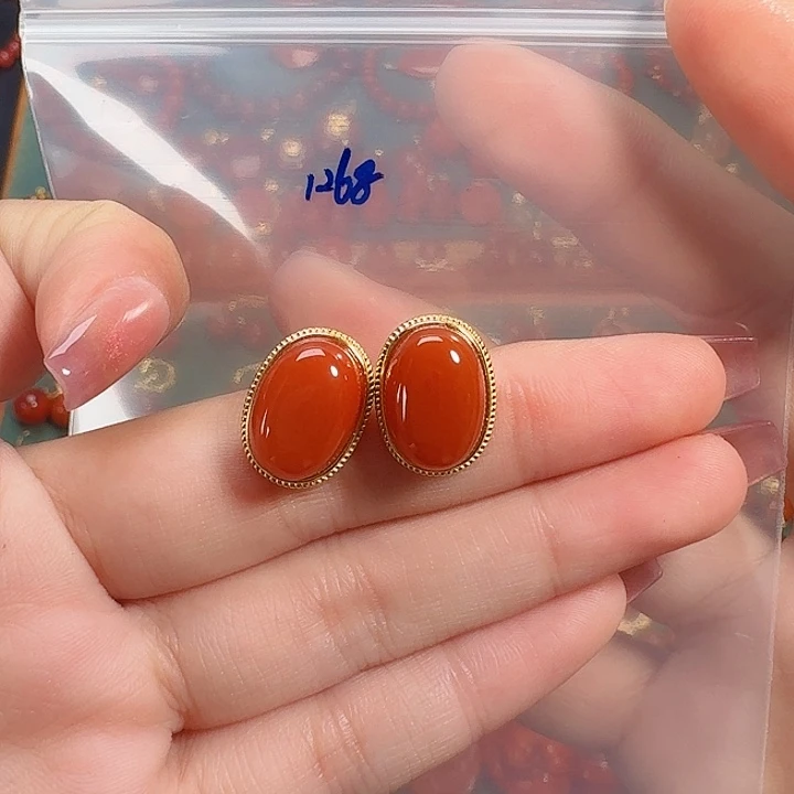 南红玛瑙银S925镶嵌耳饰