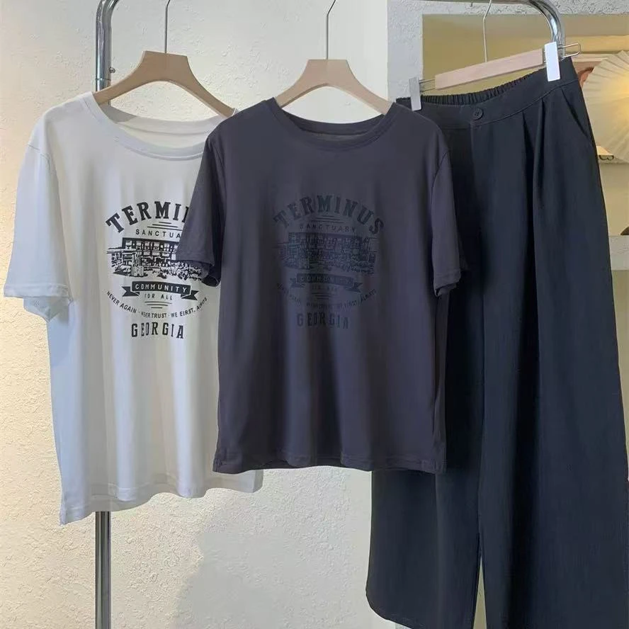 休闲慵懒风夏季新款宽松显瘦简约百搭圆领字母印花短袖T恤H5044