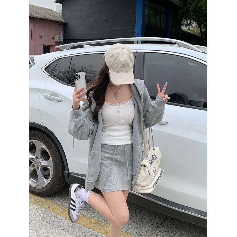 美式灰色宽松高级感连帽拉链卫衣外套女春秋爆款2025新款上衣即墨