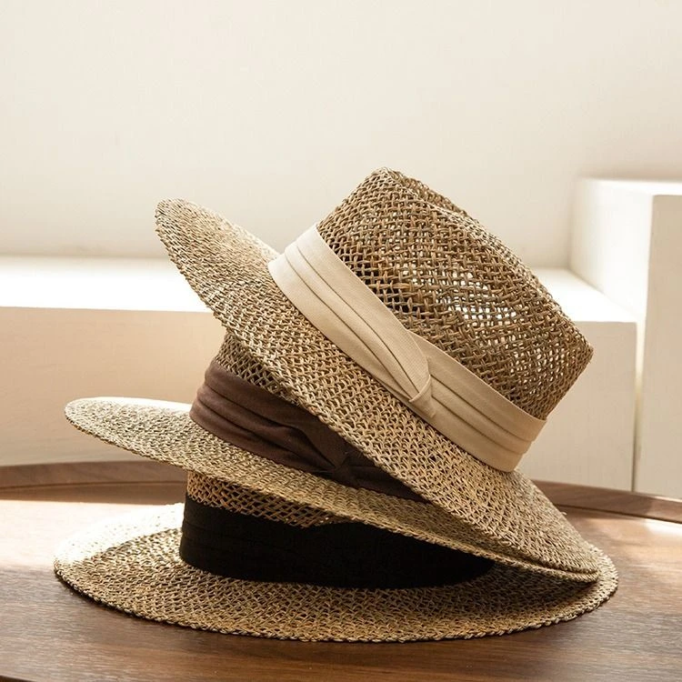 ins平顶英伦网红帽子女夏季防晒帽手工编织镂空草帽遮阳帽沙滩帽
