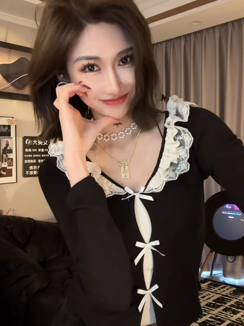 夏季辣妹蕾丝蝴蝶结镂空假两件修身上衣