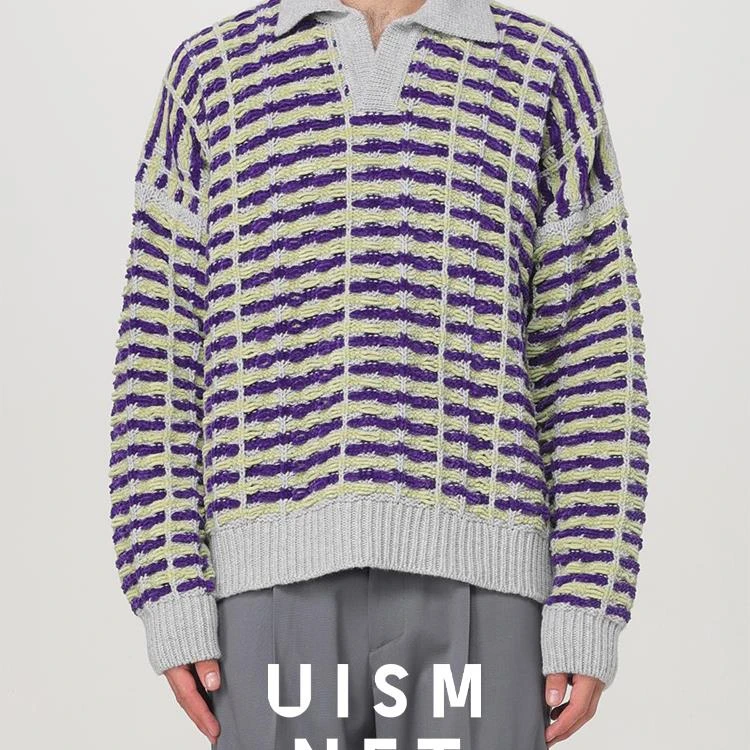 BONSAI 灰紫复古拼色半开领套头毛衣针织衫意大利正品