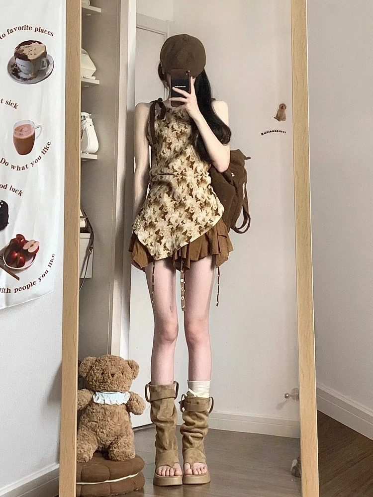 夏季新款小个子穿搭蝴蝶印花无袖吊带上衣半身短裙减龄两件套装女