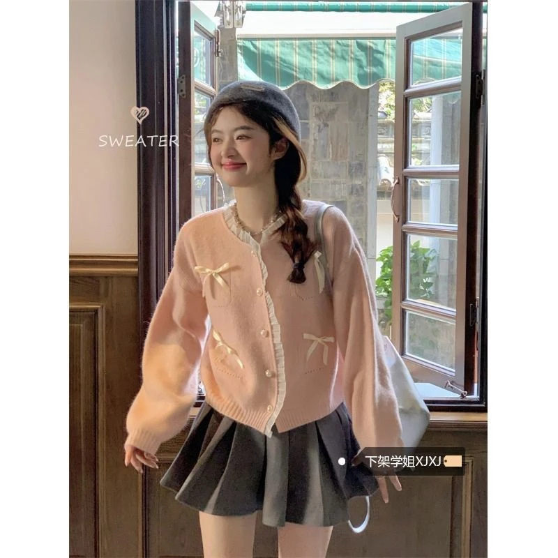 甜美粉色花边拼接毛衣开衫女秋季2025新款蝴蝶结宽松短款针织上衣