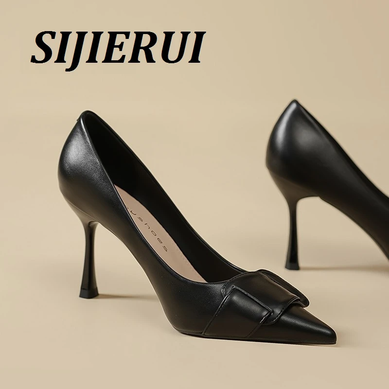 SIJIERUI黑色高跟鞋女2025年春夏新款职业不累脚细跟气质尖头单鞋