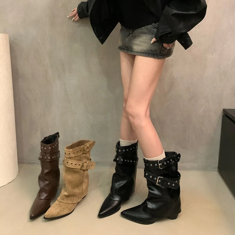 美式辣妹皮带扣裤管靴短筒靴女靴2025秋季新款小众设计短靴西部靴