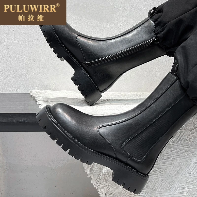 切尔西靴男款英伦风皮高筒烟筒靴子男士厚底增高中筒机车马丁靴