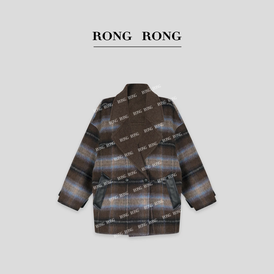 溶溶J【冬日时光】RONGRONG绵羊毛羊驼毛撞色条纹毛呢外套L-B896595