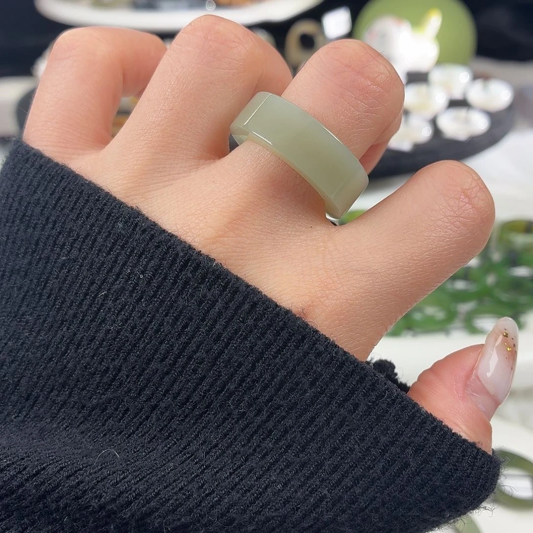 和田玉未镶嵌戒指S75奶蓝直切18.5