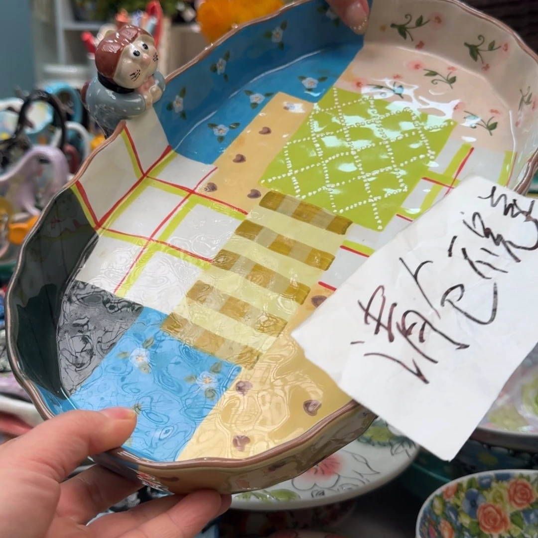 瓷片清仓双耳拼布兔绿色椭圆盘1只