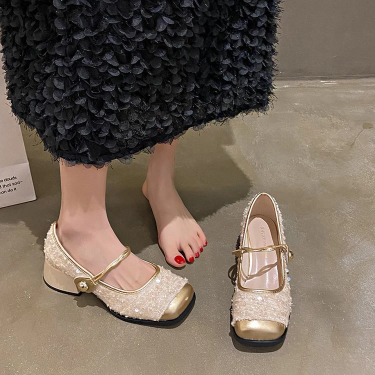 308复古玛丽珍鞋女韩版法式浅口单鞋一字带粗跟小皮鞋