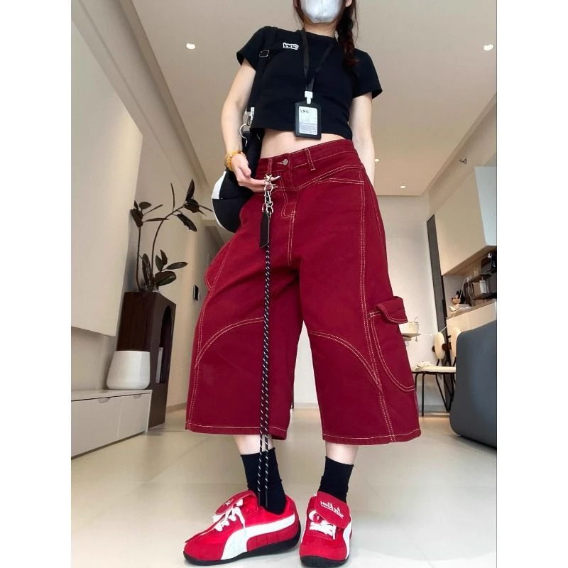 美式复古红色七分牛仔裤短裤男女夏季宽松设计感阔腿工装帅气中裤