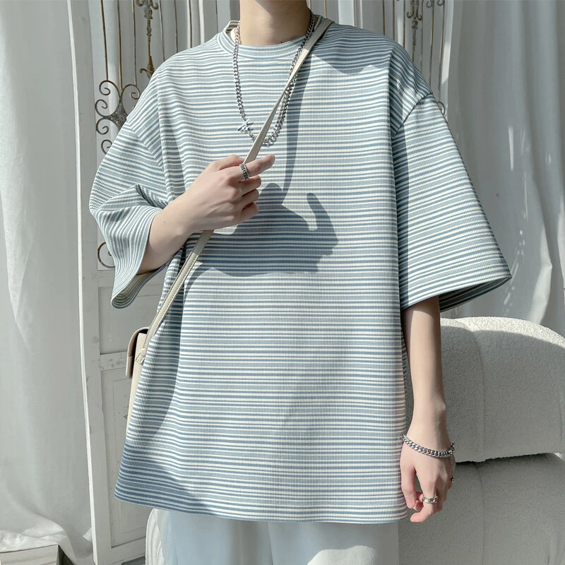 Roar Uthaug复古条纹撞色重磅短袖t恤男夏季潮牌宽松休闲五分袖