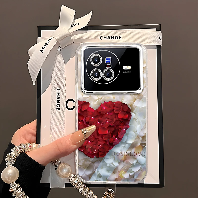 适用于【VIVO】X80红色爱心玫瑰花瓣时尚精孔羽纱手机壳