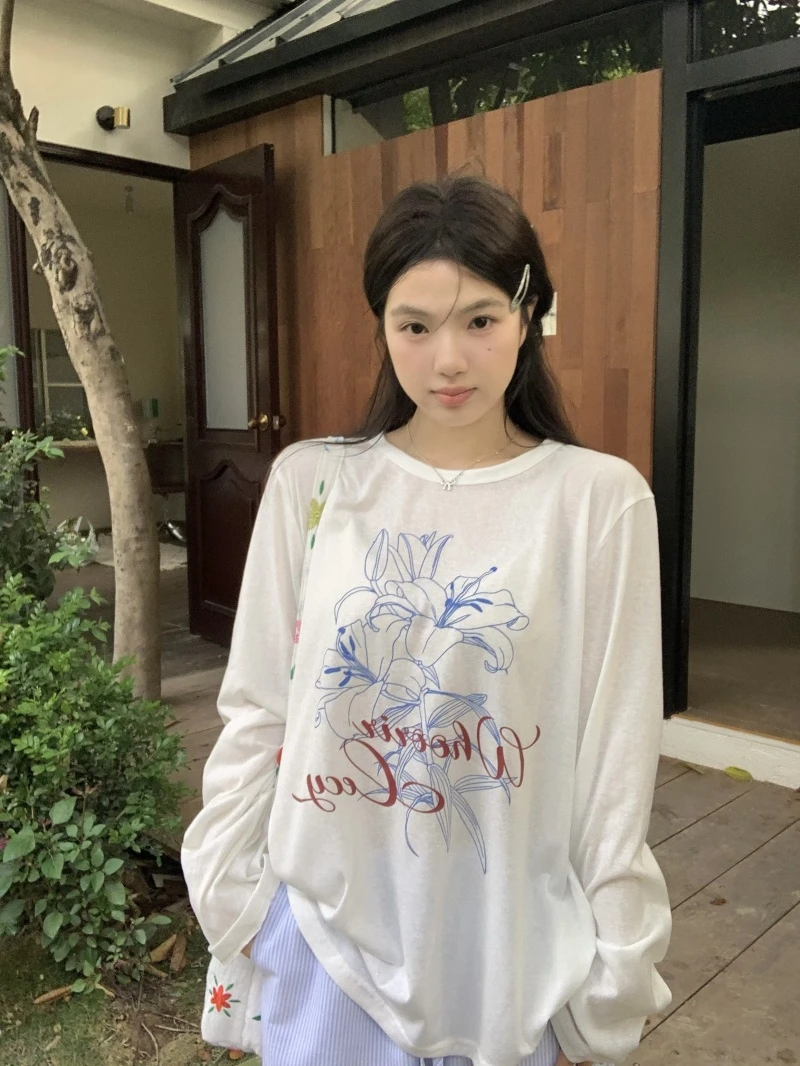 韩系设计感小众印花防晒罩衫长袖t恤女夏季薄款减龄休闲宽松上衣