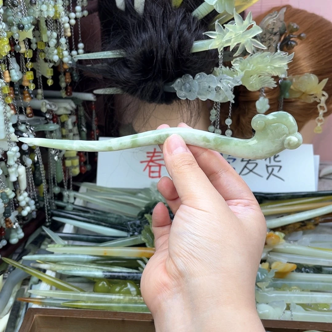 蛇纹石玉发饰未镶嵌长度21厘米左右